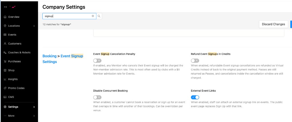 Company Settings Booking tab showing External Event Links enabled under Event Signup Settings