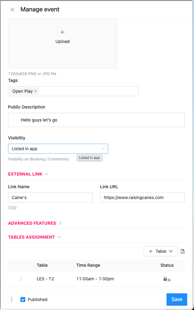 Manage event drawer with External Link section showing Link Name and Link URL